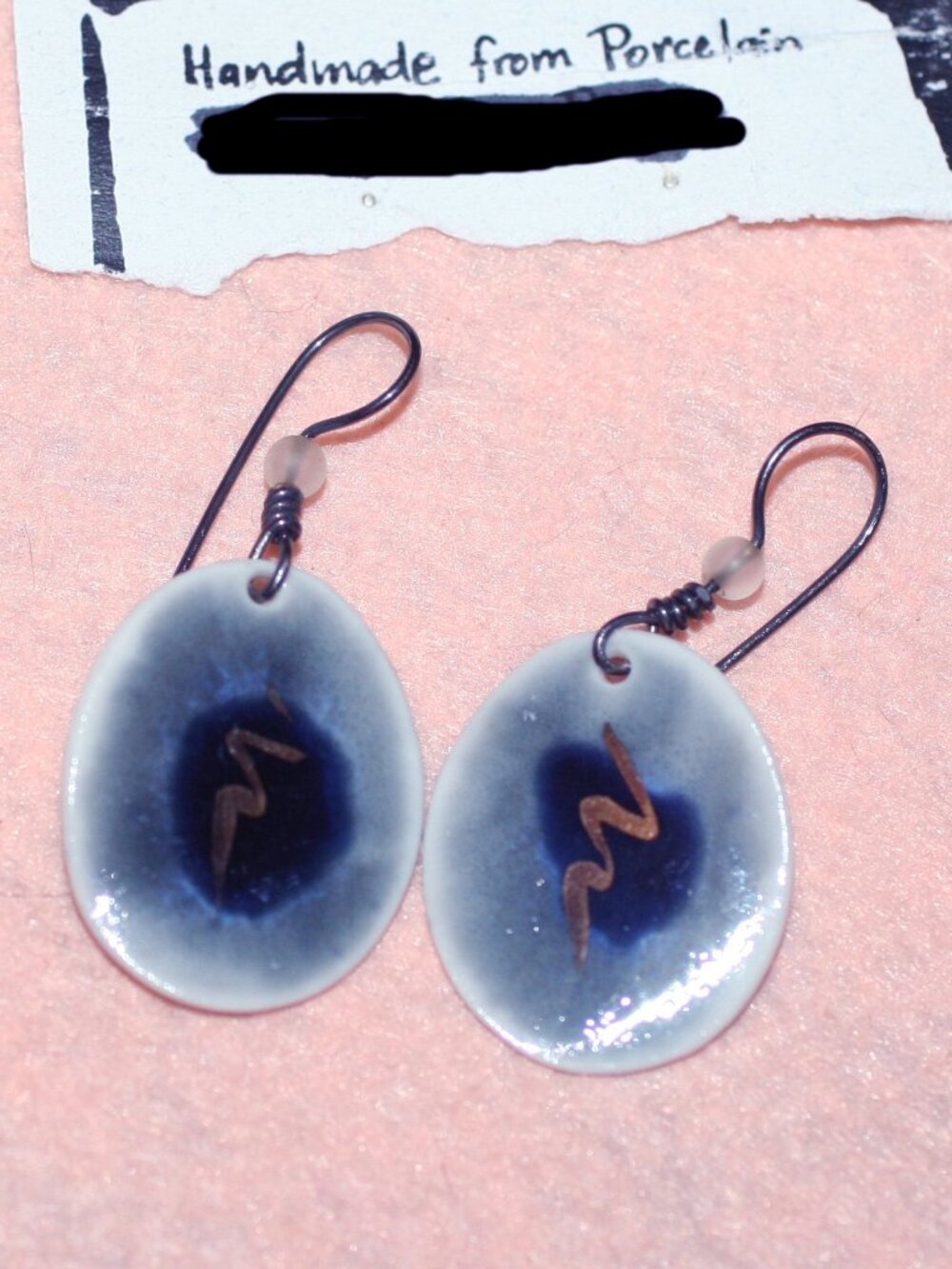 Blue/White/Gold Artisan Style Handmade Porcelain Oval Earrings Fishhook Wire